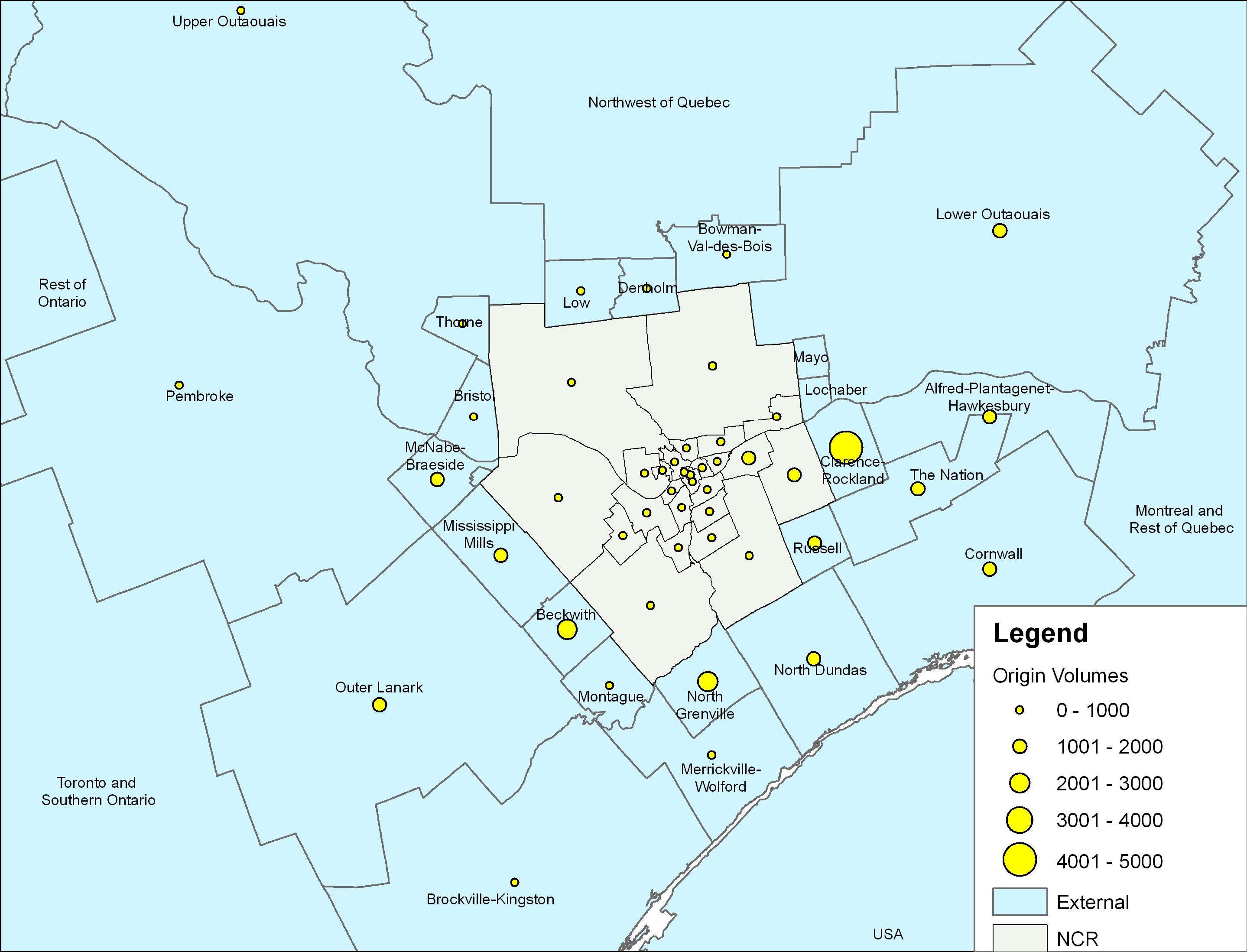 A depiction of the distribution of origins of inbound traffic external to the NCR